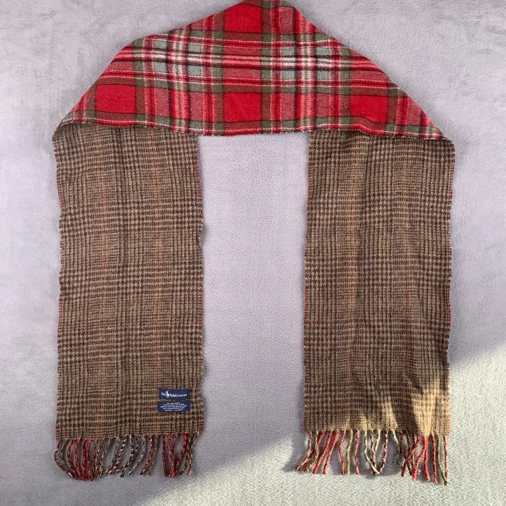 Polo Ralph Lauren Wool Blend Red Plaid Fringe Scarf Old Money Quiet Luxury - Picture 2 of 4